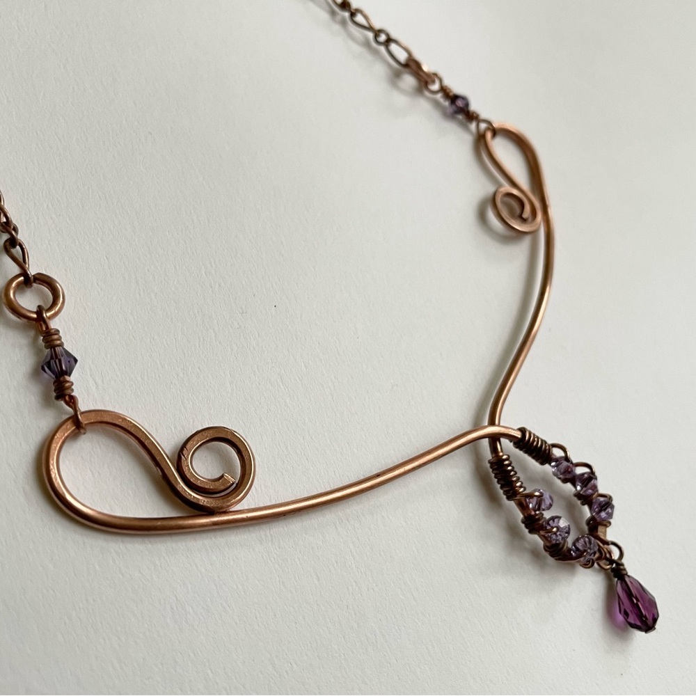 Copper Scroll Necklace Beaded Plum and Lilac Crystals Elegant Rustic‎ Handmade - Picture 9 of 14
